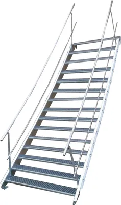 Produktbild von Tailor Made Metal Wangentreppe, Stahl S 235, feuerverzinkt nach DIN EN ISO 1461, U-Profil 50x215x30x6mm, Breite 100cm, Geschosshöhe variabel 250-320cm, Wangenlänge 450cm, Stufentiefe 24cm, Stufenhöhe 15-20cm, Gitterrosttreppenstufen, beidseitiges Geländer, für Außenbereich, Garten, Industrie und Außenaufgang