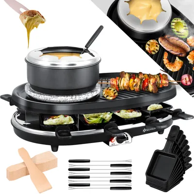 Image de KESSER® 3in1 Gril à raclette avec pierre naturelle, plaque de gril et fondue, gril de table pour 8 personnes, gril à raclette électrique plaque de gril antiadhésive, 8 poêlons et spatule en bois