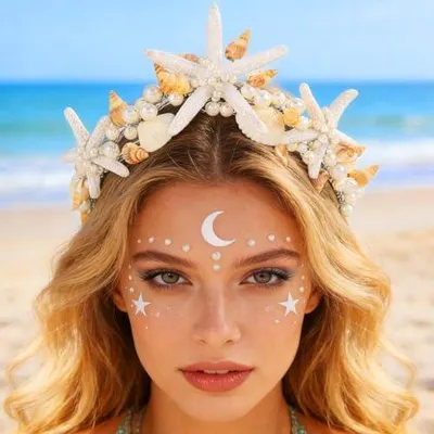 Produktbild von Silbernes Boho-Stirnband mit Seesternkrone und Muscheln für Braut, Strandhochzeit und Frauen
