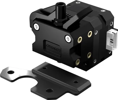 A black 3D printer extruder and a metal mounting bracket are shown against a white background.