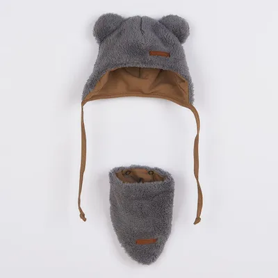 Produktbild von Winter-Baby-Mütze mit Halstuch New Baby Teddybär grau, Gr. 80 (9-12m)