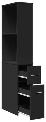Image de Armoire de salle de bain – Meuble de salle de bain – Armoire colonne – Rangement – Étroite – Sur roulettes – 2 tiroirs et étagère ouverte – Noire