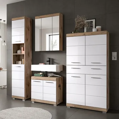 Produktbild von Badezimmer-Set 4-teilig in Eiche dunkel mit weiß Hochglanz, mit Spiegelschrank - SIROCO-158