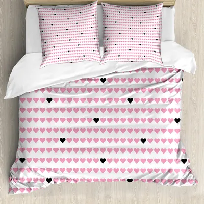 Produktbild von ABAKUHAUS Vintage Valentine Bettbezug Set, Horizontale Muster Ordnung Bicolor-Herz-Symmetrie, 155 x 220 cm + 80 x 80 cm, Charcoal Grey Pink