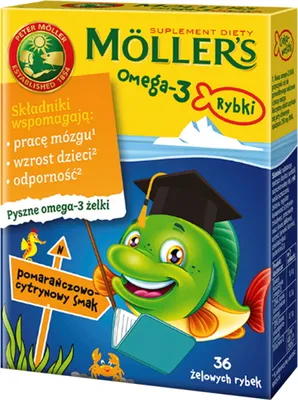 A box of Mollers Omega-3 fish oil gummies for children, featuring cartoon characters and product benefits.