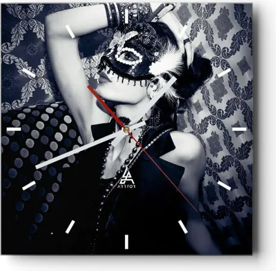 Produktbild von Wanduhr - Quadrat - Glasuhr - Frau Karneval Maske Mode - 40x40cm - Schleichendes Uhrwerk - Lautlos - zum Aufhängen bereit - Dekoration Modern - Wanddekoration aus Glas - C3AC40x40-2212