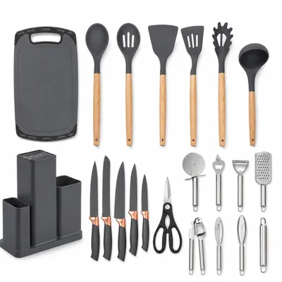 Produktbild von Küchenorganizer-Set Komplettset mit 20 Küchenhelfern für vielseitiges Kochen, Schonende Silikon-Küchenhelfer mit Holzgriffen & Messer im Set