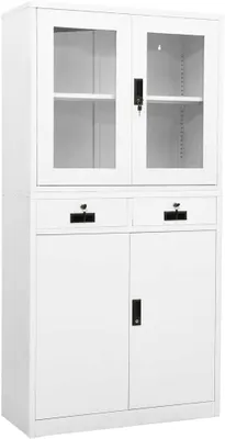 Productafbeelding van Kantoorkast, wit, 90x40x180 cm, stalen archiefkast met hardglazen deuren, voorzien van 3 verstelbare planken, afsluitbaar, geschikt voor kantoor en thuis