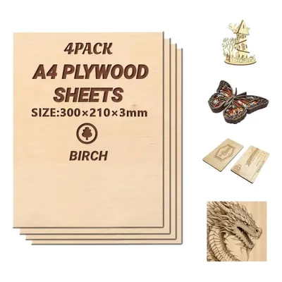 Image de 4 x A4 contreplaqué 3mm | Bouleau - Découpes fines en bois| Feuille parfaite pour la scie à chantourner, la pyrogravure,la découpe laser, le routeur CNC