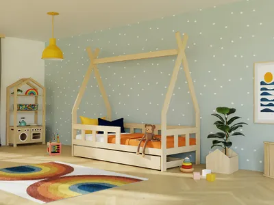 Produktbild von Kinder-Tipi-Bett FENCE 4-in-1 aus Holz mit Barriere und Aufbewahrungsschublade 90x200 cm Marineblau, Mit einer Barriere