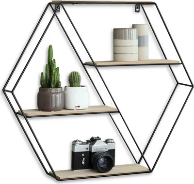 A hexagonal wall shelf with wooden shelves, decorated with plants, vases, and a camera.