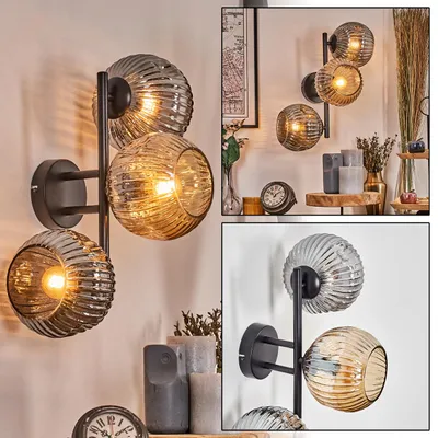 Produktbild von Villamare Wandlampe aus Metall/Riffelglas in Schwarz/Rauch-/Bernsteinfarben