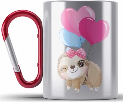 Produktbild von Trendation - Süße Faultier Edelstahl Tasse Karabiner Geschenk Ballong Geschenkidee Mädchen Coole Grafik (Rot)