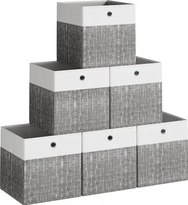 Produktbild von SONGMICS Aufbewahrungskörbe, 6er Set, faltbare Stoffboxen mit PP-Platten, für Regal, 33 x 33 x 33 cm, weiß-grau