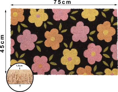 Produktbild von Betz Kokosmatte aus 100% Kokos - Fußmatte - Fußabstreifer –Schmutzfangmatte Muster Blüten mit Blätter Größe 45 cm x 75 cm x 1,5 cm