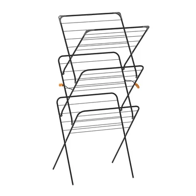 A black three-tier drying rack is shown against a white background.