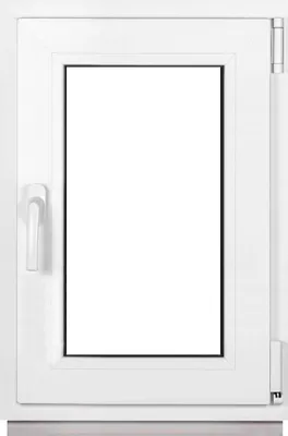 A white PVC window with a clear glass pane and a white handle.