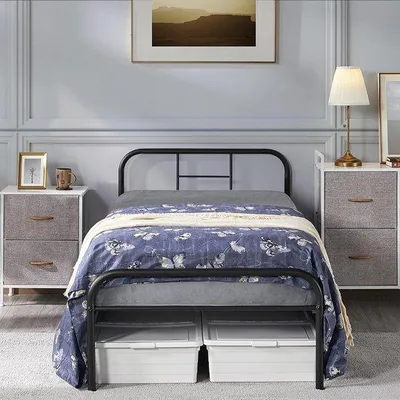 Productafbeelding van Famanu enkelbed met lattenbodem - 90 x 190 cm, metalen frame, hoofdeinde