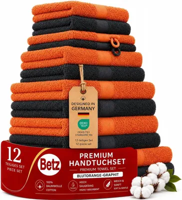 Produktbild von Betz 12-tlg. Handtuch-Set PREMIUM 2 Duschtücher 4 Handtücher 2 Gästetücher 2 Seiftücher 2 Waschhandschuhe Farbe: blutorange / graphit