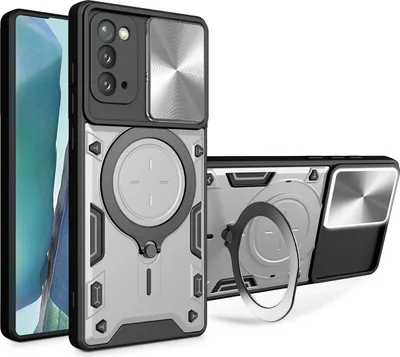 Produktbild von Handyhülle für Samsung Galaxy Noto 20 Dual-Layer Stoßfest Rüstung Hülle mit Dia Kameraschutz und Kreisförmig Ring Ständer Silber