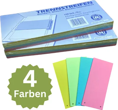 Produktbild von 200 Trennstreifen Aktenfahnen Trenner Register Karton 240 x 105 mm, 4 farbig sortiert