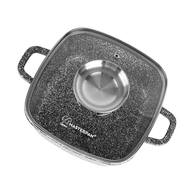 A top-down view of a square pot with a glass lid and a stainless steel insert.