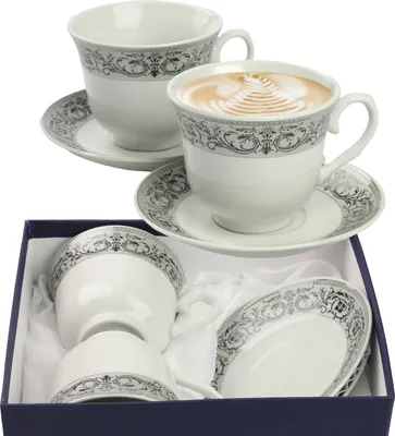Zdjęcie produktu dla Zestaw Filiżanek Z Talerzykami Na Prezent 250 Ml Porcelana Do Kawy Herbaty Białe LUISA