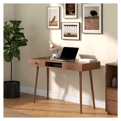 Produktbild von Schreibtisch in Walnussoptik 75 x 115 x 48 cm | Computertisch mit Ablage und Schublade
