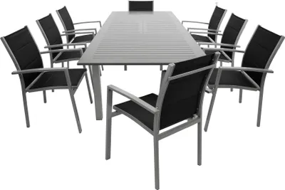 Produktbild von DEGAMO Gartengarnitur Essgruppe BAJAZZO 9-teilig, Aluminium silber/grau + Kunstgewebe schwarz, 8x Stapelsessel, 1x Ausziehtisch 175/145x100cm