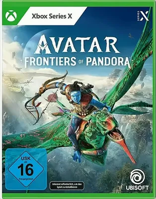 A Na'vi character riding a winged creature in a fantasy landscape.