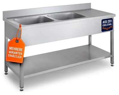 Produktbild von GastroHero Spültisch Edelstahl 1600x600 mm mit 2 Becken links Aufkantung Grundboden zur Selbstmontage Profi Basic-Serie AISI 201