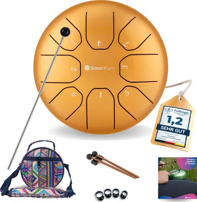 Produktbild von Sonodrum Zungentrommel: C - Dur in Gold - 14 cm mit 8 Tönen, Steel Tongue Drum inkl. Liederbuch, Schlägel, Fingersticks und Tragetasche