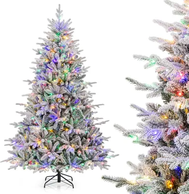 A flocked artificial Christmas tree with multicolor LED lights.