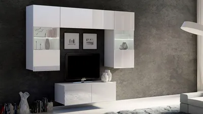 Produktbild von Wohnwand CALABRINI-10 Wohnzimmer-Set Hängewohnwand Schrankwand mit LED-Beleuchtung TV-Schrank Vitrine Moderne Anbauwand Hochglanz (Weiß Hochglanz)