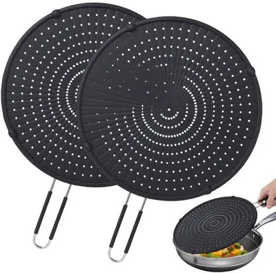 Productafbeelding van Ibenzoa® siliconen spatbeschermer voor pannen, 32 cm – hittebestendig tot 150 °C, set van 2, geschikt voor contact met voedsel, roestvrijstalen handgreep met antislip, vaatwasmachinebestendig
