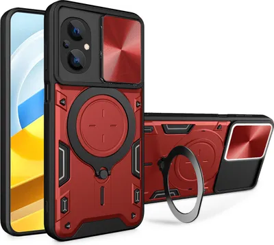 Produktbild von Handyhülle für Xiaomi Poco M5 Dual-Layer Stoßfest Rüstung Hülle mit Dia Kameraschutz und Kreisförmig Ring Ständer Rot
