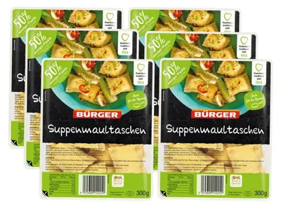 Produktbild von BÜRGER Suppenmaultaschen 6 x 300 g – Schwäbische Spezialität mit herzhafter Füllung aus Fleisch, Spinat & Gewürzen – Ideal für Suppe & schnelle Küche,