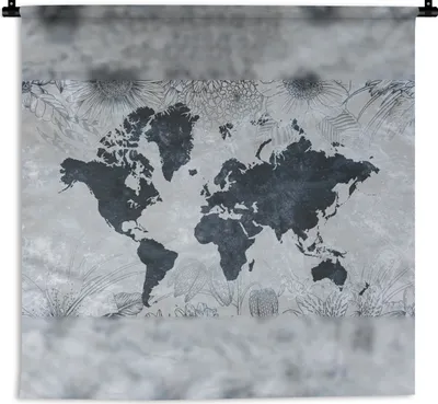 Produktbild von MuchoWow® Wandteppich Wandbehang Weltkarte - Blau - Blumen 150x150 cm Tapisserie Dekoration Wandtuch - Wohnaccessoires - Modernes