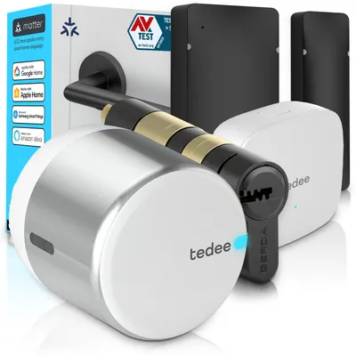 Produktbild von Tedee GO2 Alu Smart Lock Set mit Bridge, Türsensor & EXXO Zylinder – Elektronisches Türschloss, Klasse 6, WLAN, Auto-Lock nur bei geschlossener Tür