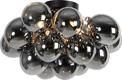 A close-up shot of a black ceiling light fixture with multiple smoked glass globes.