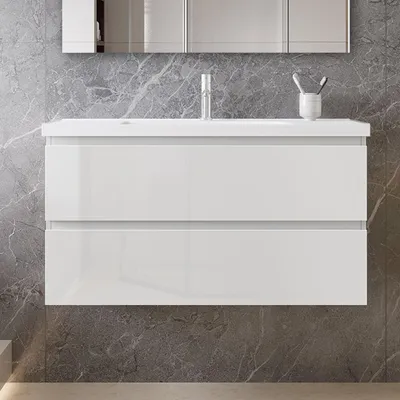 Produktbild von 100 cm Badmöbel-Set Unterschrank mit Mineralguss waschtisch 2 Schubladen soft-close Hochglanz Weiß Selbstmontierter