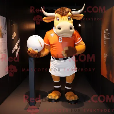 Immagine prodotto di Personaggio mascotte REDBROKOLY di un toro arancione vestito con maglietta da rugby e papillon