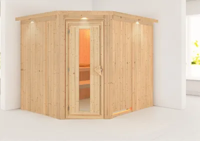 Produktbild von Karibu Sauna Innensauna Malin Eckeinstieg ohne Zubehör 245x210x202 cm mit Dachkranz mit Energiespartür