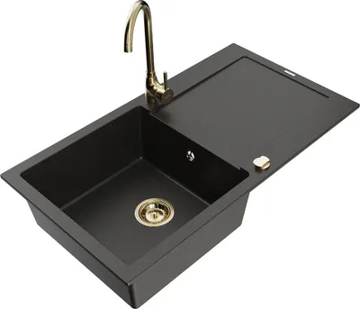 Produktbild von Mexen Leo 1 Becken-Granitspüle mit Abtropffläche und Mischbatterie Telma, Schwarz/Gold Metallisch - 6501-75-670200-50