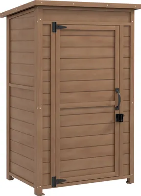 Produktbild von Outsunny Outdoor-Schrank mit verstellbarem Regal und schrägem Dach, Gartenschrank aus Holz mit Riegel, 75x56x117cm, braun