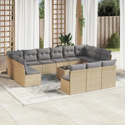 Produktbild von Design 14-tlg. Garten-Sofagarnitur mit Kissen Beige Poly Rattan, Gartenmöbel-Sets 2024 Neu