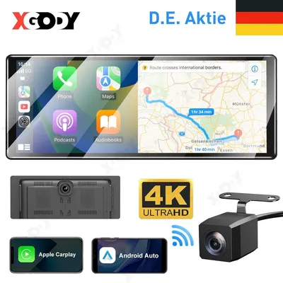 Image de Moniteur de tableau de bord pour voiture, type miroir de rétroviseur, avec connectivité sans fil Apple CarPlay et Android Auto, écran tactile, GPS, double caméra, résolution 4K et 1080p, caméra de voiture avec mode parking, fonction nocturne et caméra de recul