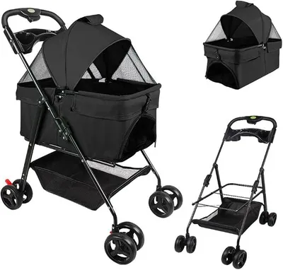 Imagen del producto de Cochecito para perros y gatos, 3 en 1, plegable, con cesta removible, ruedas resistentes, ventanas de malla y capacidad para hasta 20 kg