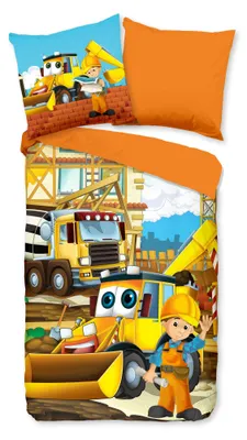 Produktbild von JACK Renforcé Wende - Bettwäsche 2 tlg. 135x200cm Baustellen-Abenteuer Bagger Bauarbeiter orange
