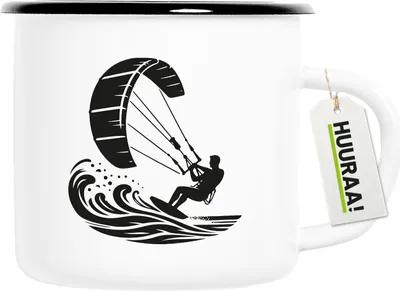 Produktbild von Huuraa Emaille Tasse Kitesurfen Silhouette 300ml Vintage Campingbecher Geschenkidee